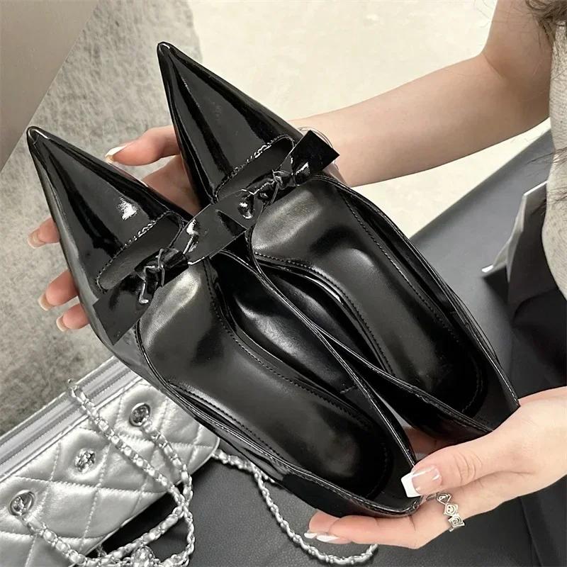 Fashion High Quality Patent Leather Women Pumps Sexy Pointed Toe Bow Design Thin High Heels Elegant Party Dress Shoes Zapatos De Mujer
