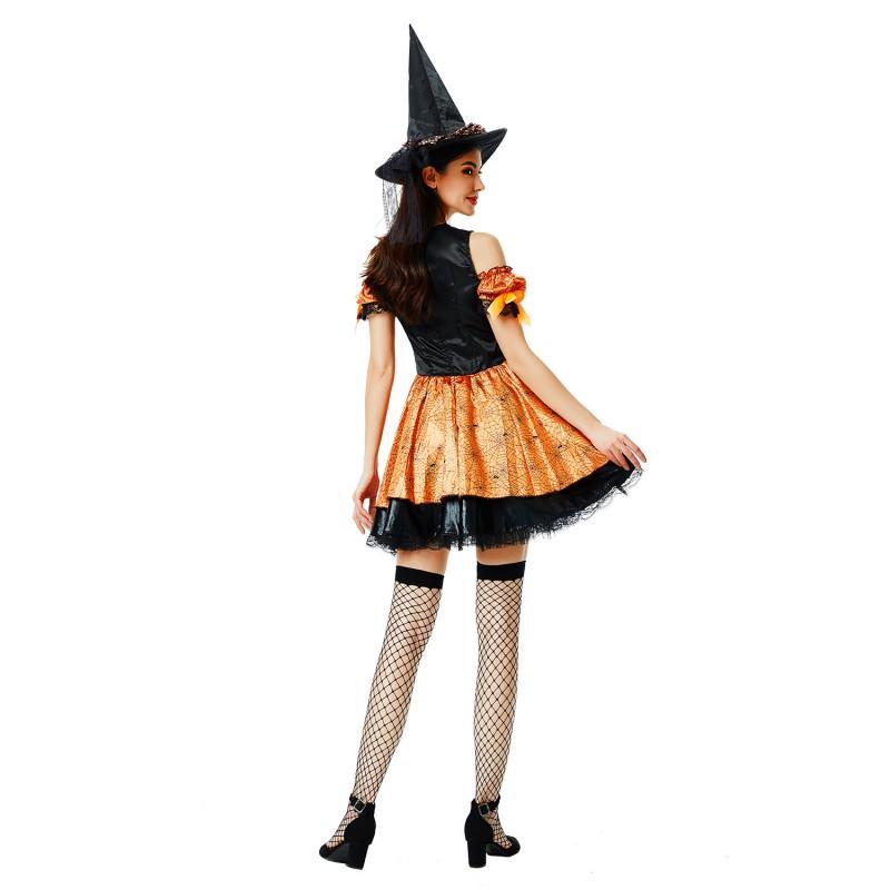Witch Costume Women Halloween Cosplay Dress Set Sexy Gothic Party Outfit Pumpkin Theme Role Play