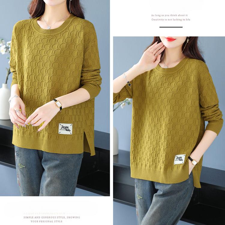 Spring and Autumn Women's Plus Size Knit Sweater Thin Loose Crew Neck Pullover Knitwear Short Slit Stretch Knit Top Jumper
