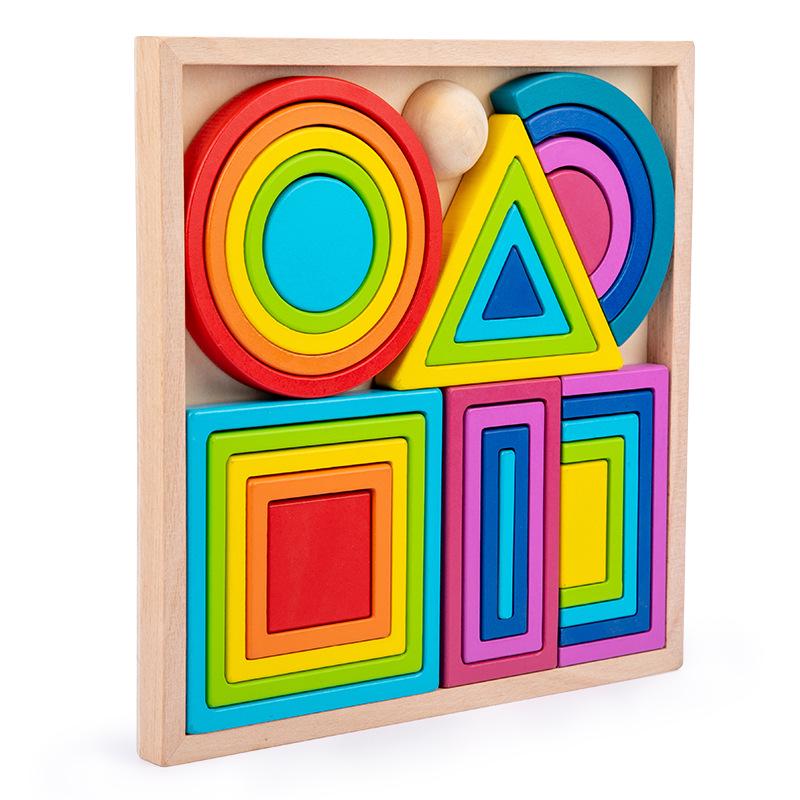 Children's Wooden Rainbow Stacking Blocks - Educational Geometric Tower Toy