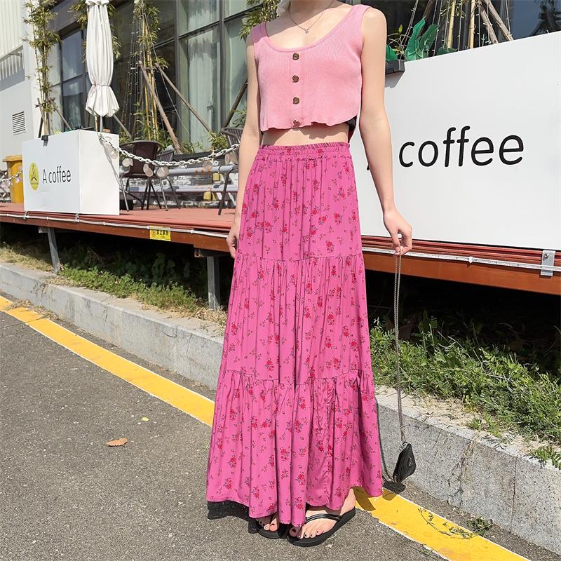 2025 Summer Floral Cotton-Silk Midi Skirt: Slimming, Thin Rayon Cardigan, Long Cake Skirt for Women.