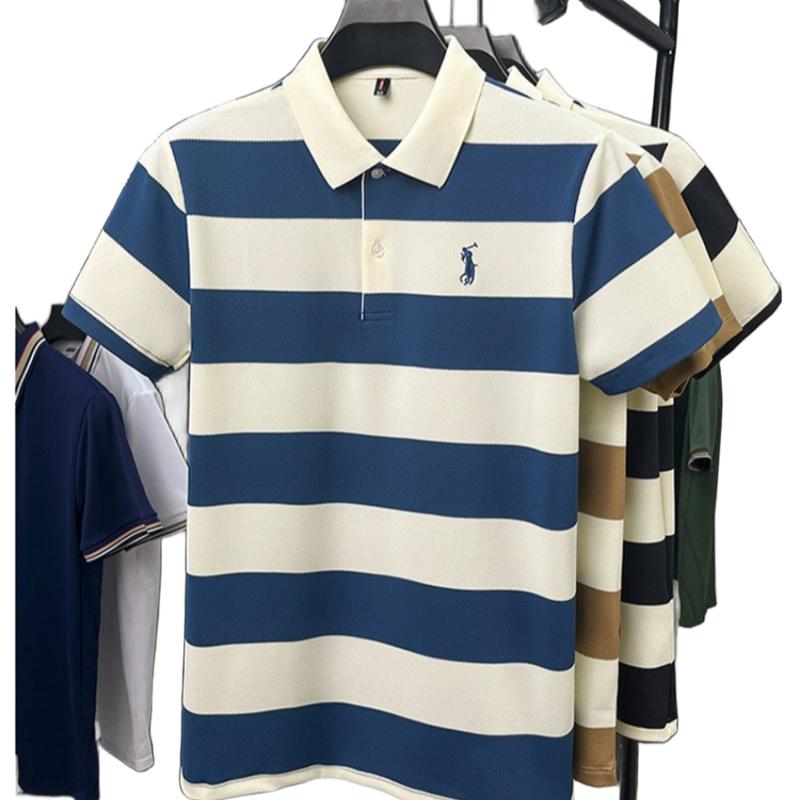 Herrskjorta i koreansk stil, tryckt, randig, pikétröja, bomull, slag, avslappnad, kortärmad topp