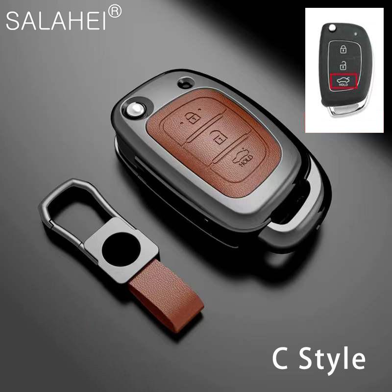 Zinc Alloy+Leather Car Key Case Cover Shell For Hyundai Elantra Tucson I40 I20 I10 Ix35 Ix45 Creta Santa Fe H-1 Auto Accessories