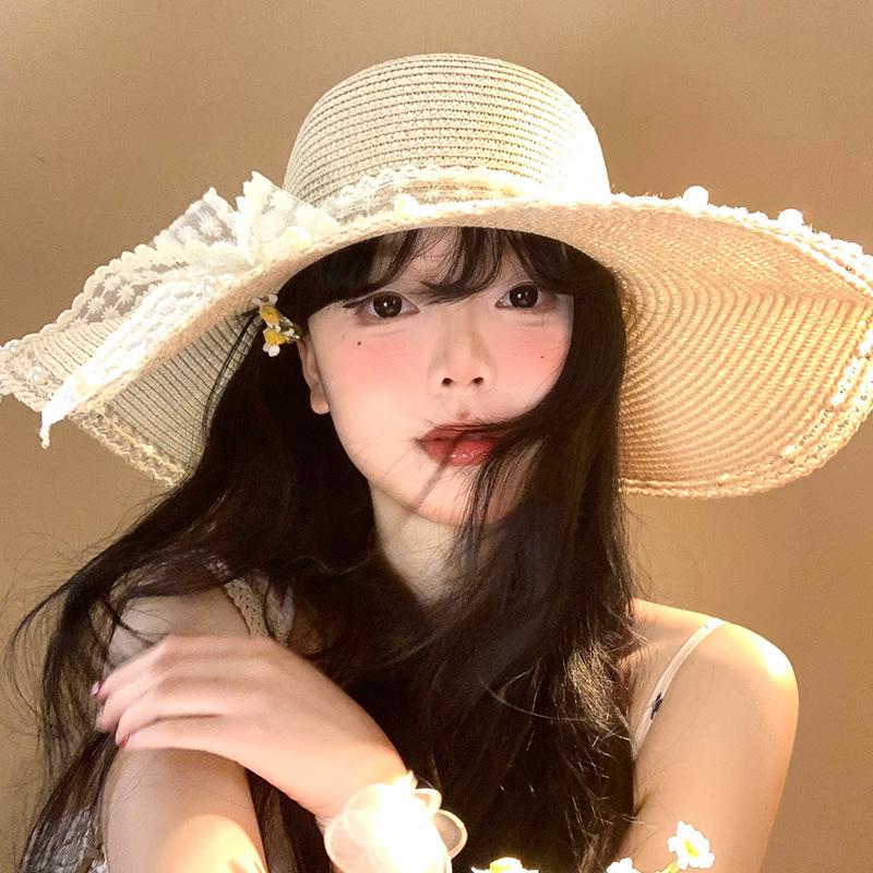 Pearl lace strap straw hat women's summer big brim seaside vacation bow sun hat sun hat