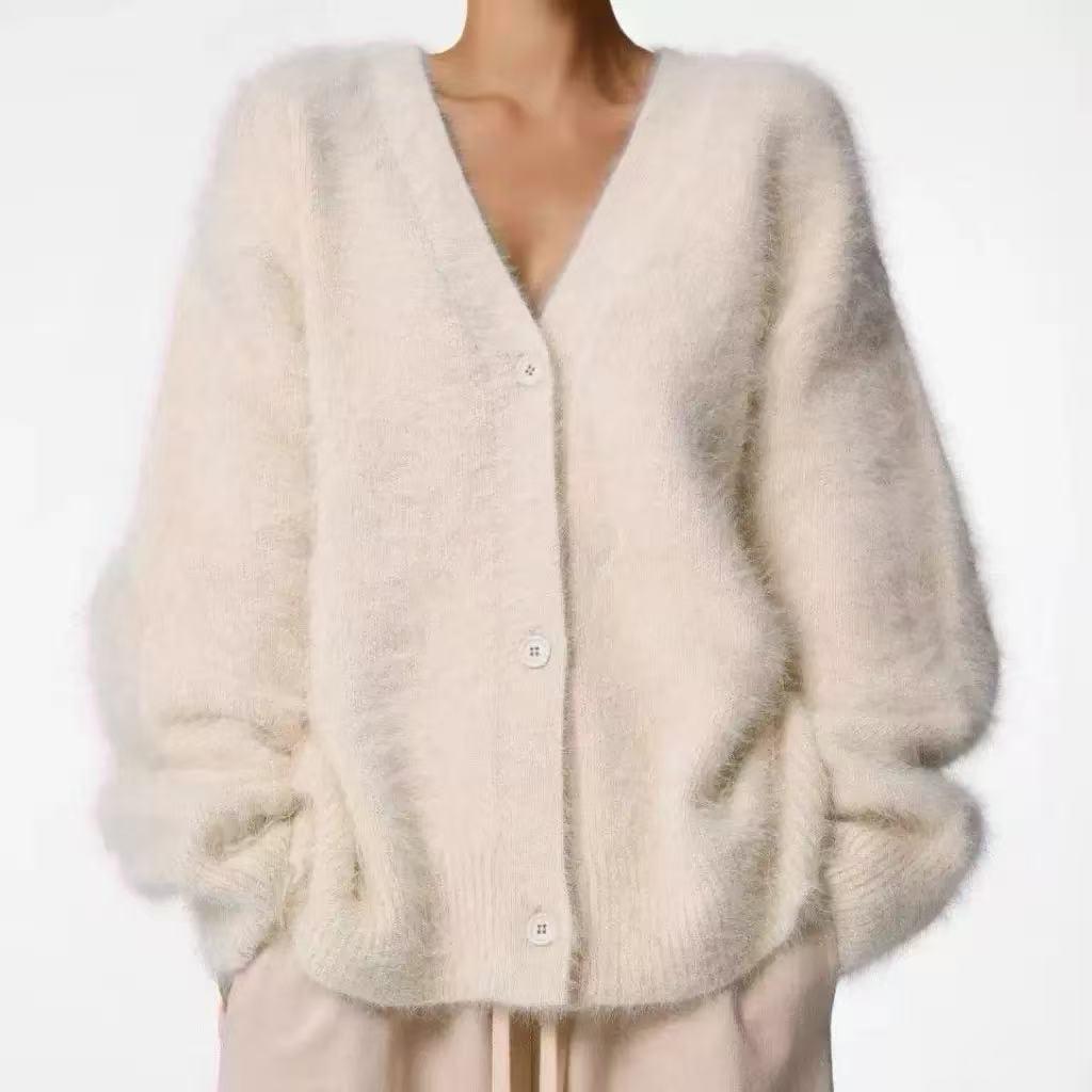 2025 Autumn/Winter Women's Loose Mink-Style Knitted Cardigan - Soft Long Sleeve Sweater Coat