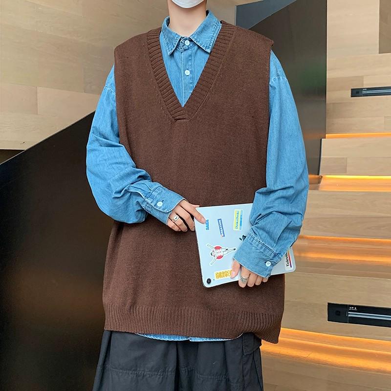 DK Unisex V-Neck Knit Sweater Vest - Hong Kong Street Style, Spring/Autumn, Sleeveless, Loose Fit, Korean Influence