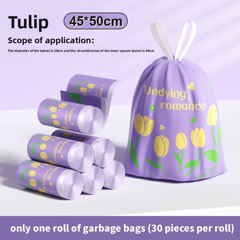 Heavy Duty Household Trash Bag With Drawstring And Tulip Pattern For Kitchen And Living Room Use 30Pieces