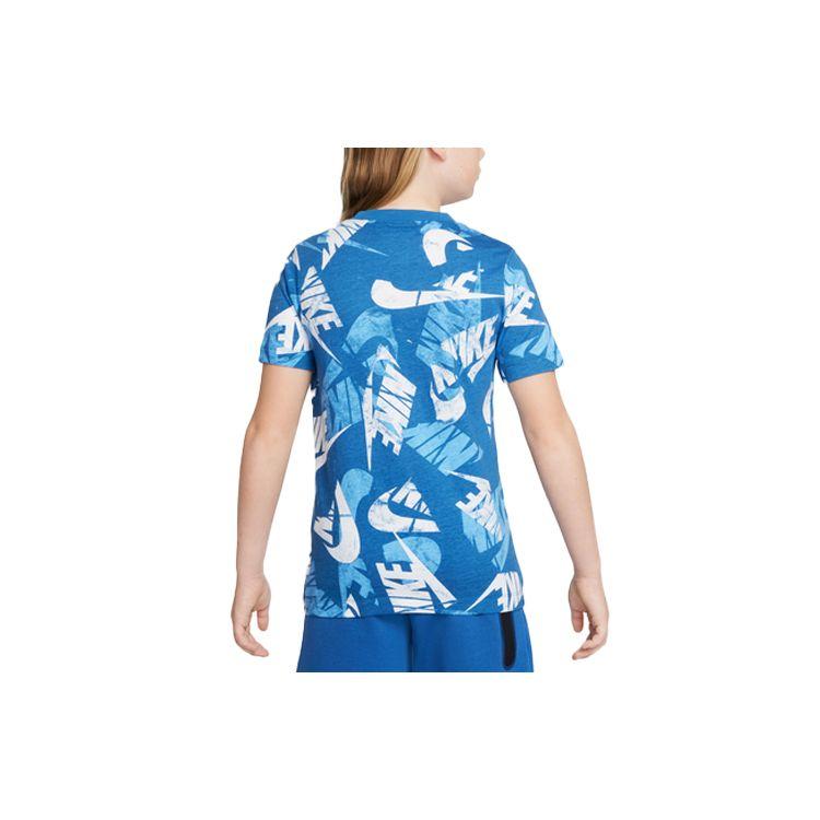 Nike Αθλητικό T-shirt με Λογότυπο Γραμμάτων All Over Print, Στρογγυλή Λαιμόκοψη, Κοντό Μανίκι, Παιδικά Top, Σκούρο-Παραλία-Μπλε DO1816-407