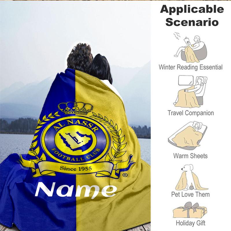 Custom Name Nassr Football Club Crest Blanket Lightweight Ideal Bedding Blanket Perfect for Travel, Camping, Living Rooms, Sofas, Christmas Gift
