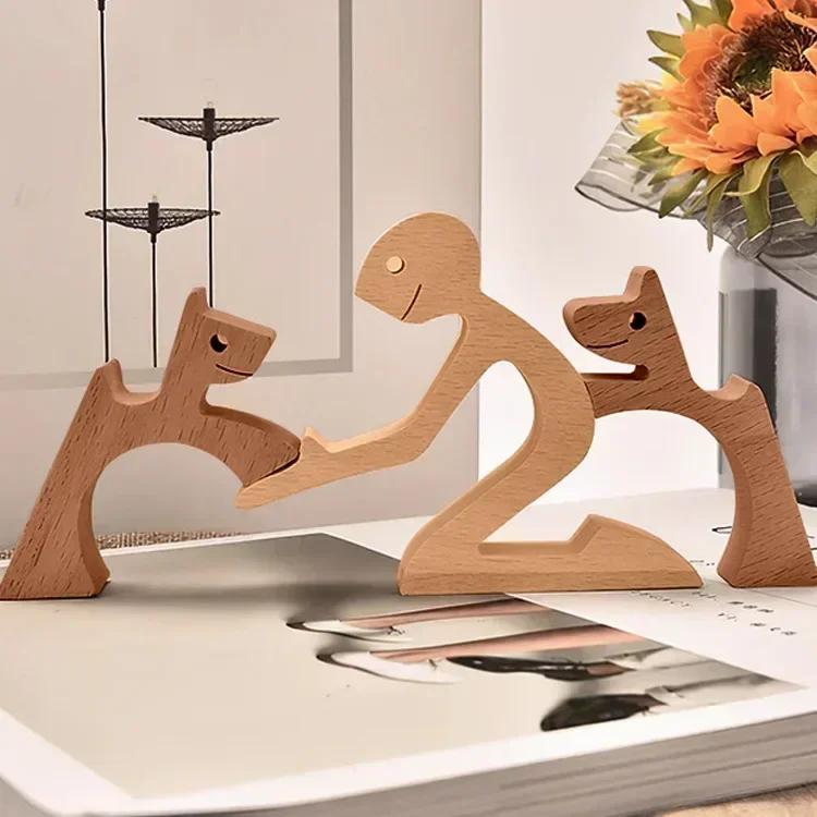Cute Family Puppy Wood Dog Craft Ornament Figurine Natural Gift for Home Decoration Accessories Handmade Sculptures Decor