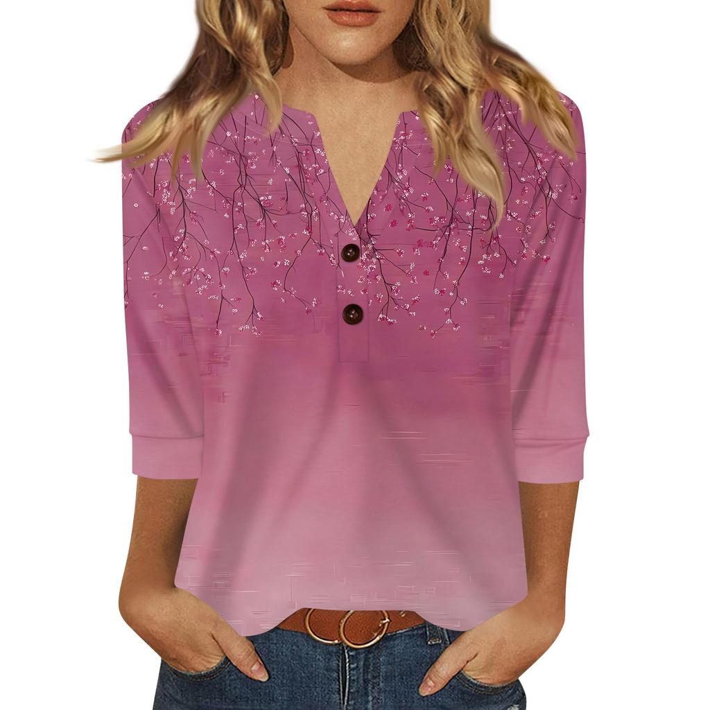 Women's T Shirt Print Button 3/4 Sleeve Daily Weekend Fashion Basic V- Neck Regular Top