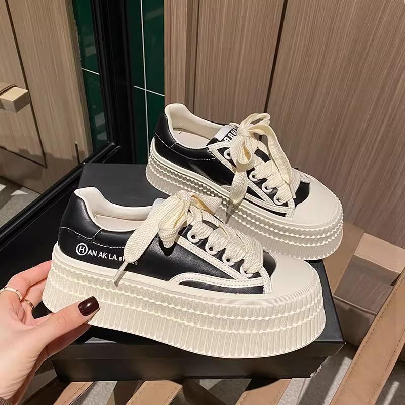 Spring New All-Matching Genuine Leather Thick Bottom Heightened Easy Wear Shoes Comfortable Soft Bottom Casual Sneakers