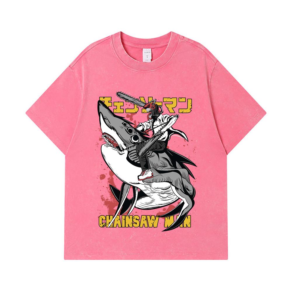 275 GSM Washed T-shirts 100% Cotton Chainsaw Man V43 Denji Print Unisex Heavy Cotton T Shirt