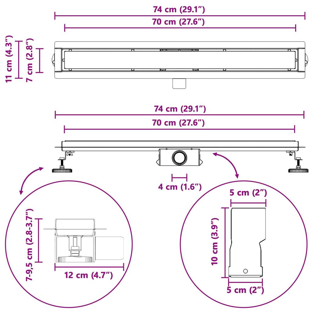 Shower Drain with Glass Cover Black 70 cm Stainless Steel 304