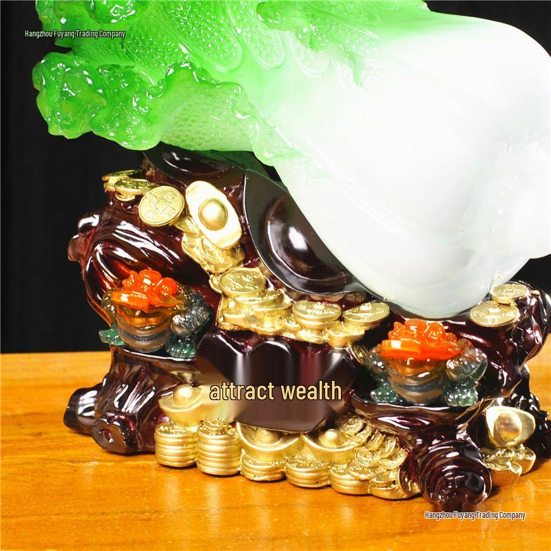 Large Jade Cabbage Ornament with Golden Toad - Living Room, Entrance & Wine Cabinet Decoration Gift