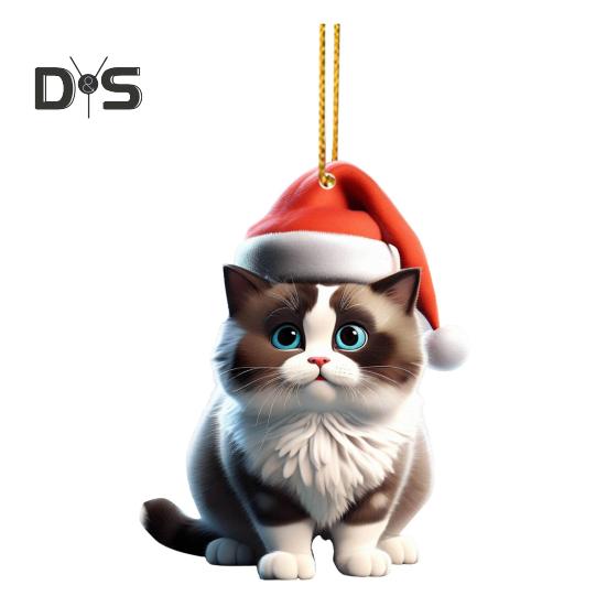 Christmas Cat Pendant Acrylic Santa Hat Cartoon Cat Hanging Decoration Key Ring Kitten Pendant Christmas Tree Decor Gift for Cat Lovers