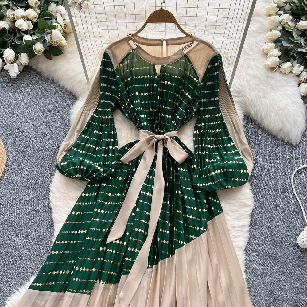 Vintage Elegant Spliced print slim Dress Korean Fashion Long dress hotsweet Women Fashion Dresses