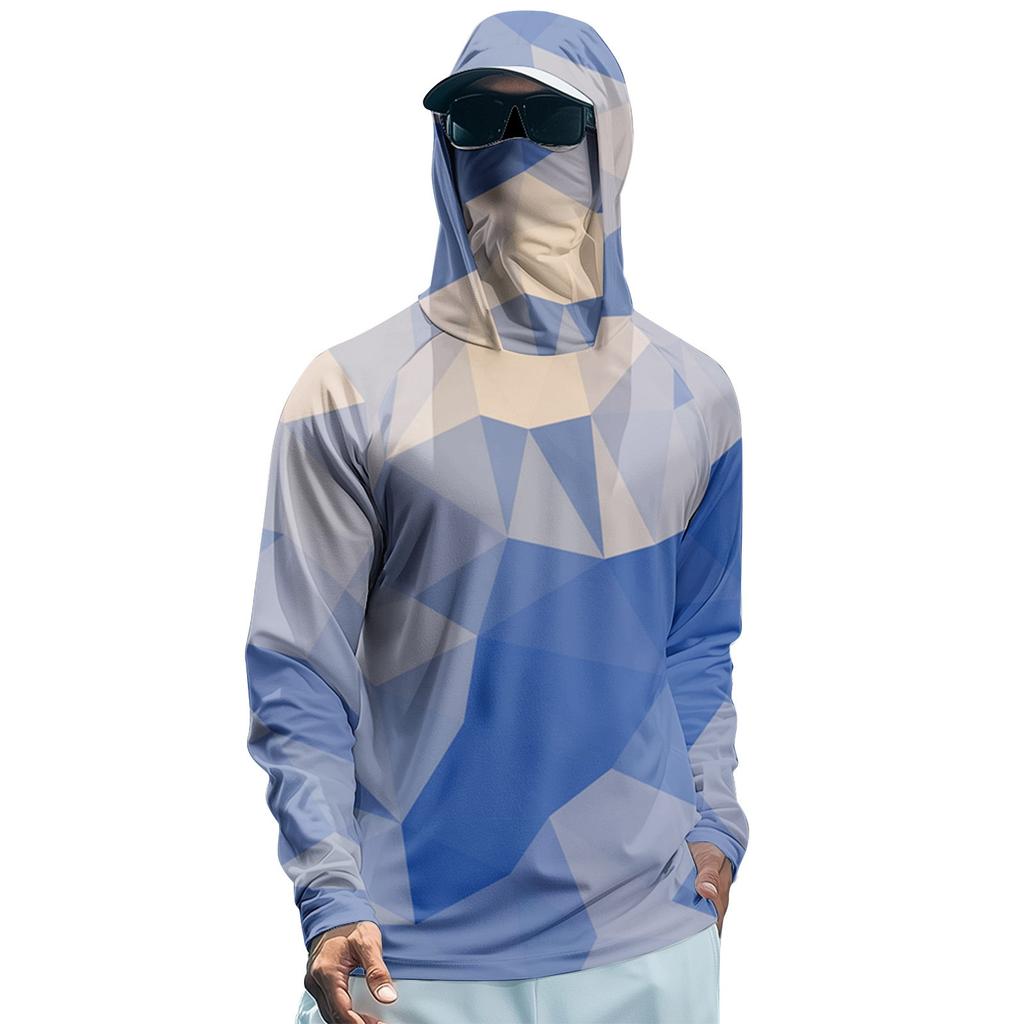 Men's Summer Gradient Color Geometry Quick-drying Long-sleeved T-shirt Sun Clothing Fishing Fitness Sports Hooded Long-sleeved Top