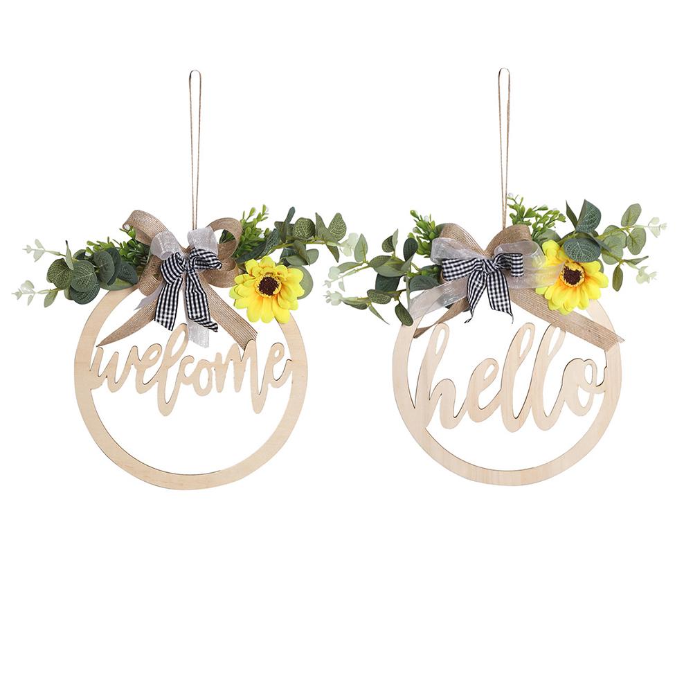 Round Outdoor Hanging Ornament Wooden Pendant Welcome/hello Sign Wreath Set With Bow Home Decoration