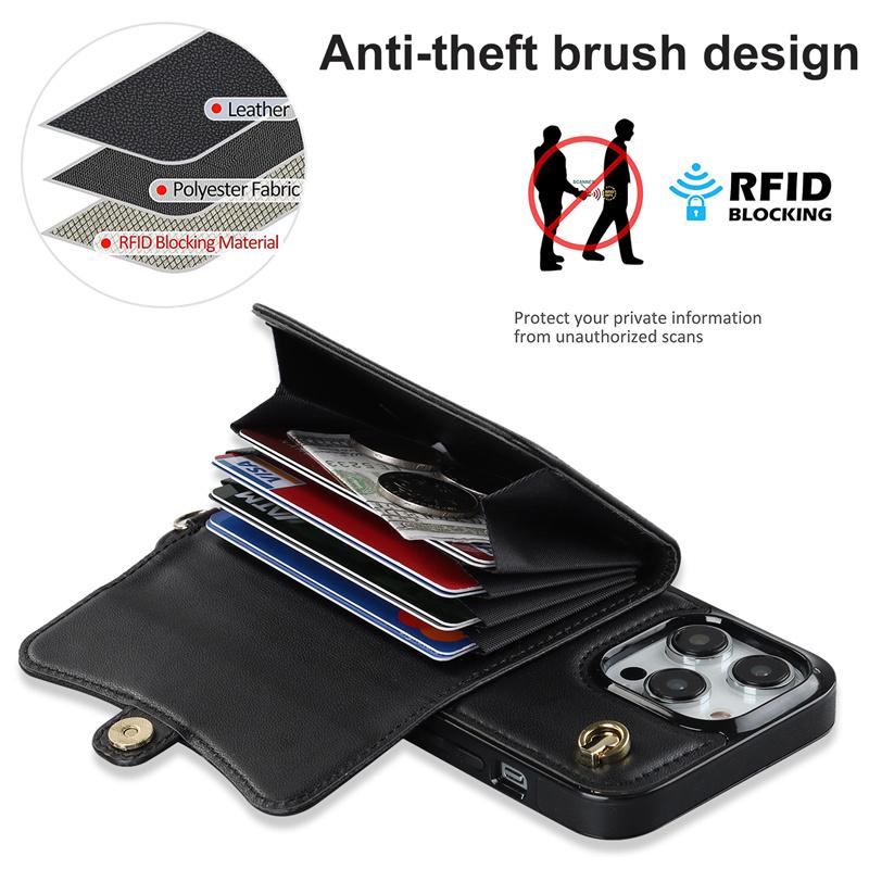 For iPhone 14 13 12 Mini 11Pro Max X/XS XR 8 7 Plus Wallet Leather Case with Long Lanyard Kickstand All-round Shockproof Cover