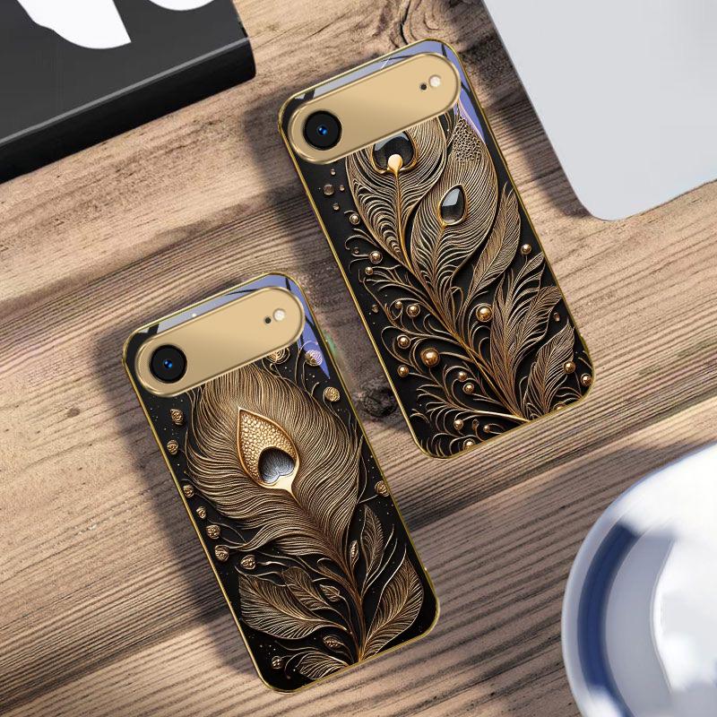 Złote Pióro Klejnot Dla IPhone 17Pro Max 16 17 Pro 15 Pro 14 13 Plus 12 Mini 11Pro Max XR 16E 17Air Złote szklane etui na telefon