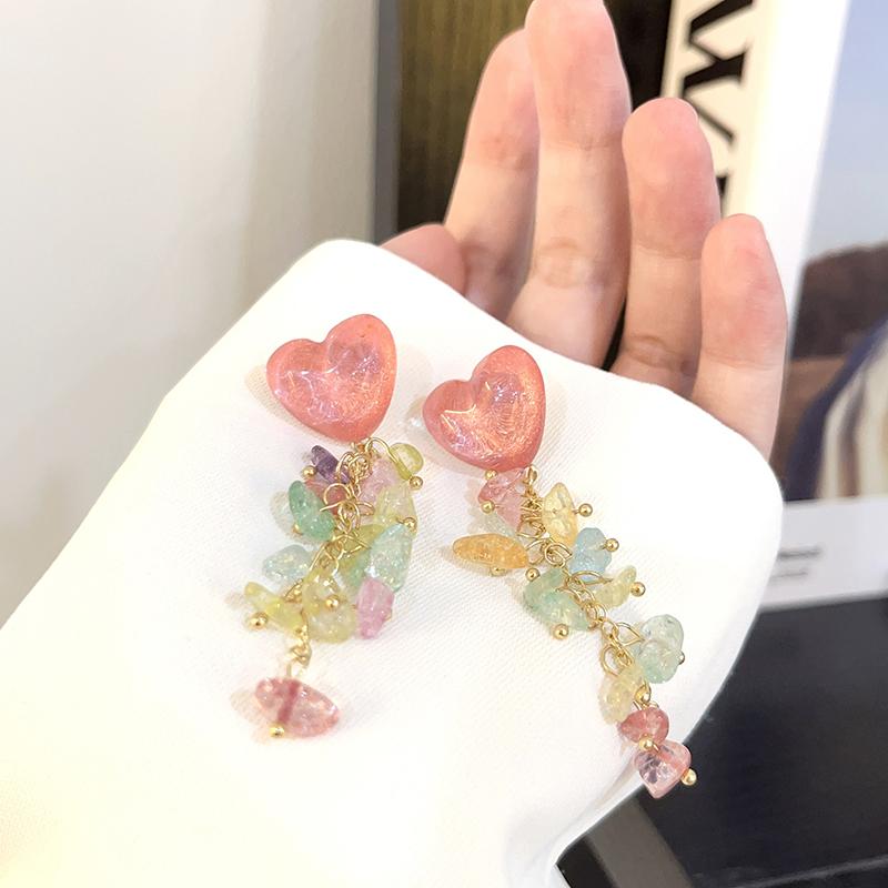 Heart Shaped Crystal Tassel Earrings Colorful Crushed Stones Cute Sweet Trendy Design Earrings Women New Jewelry Gifts