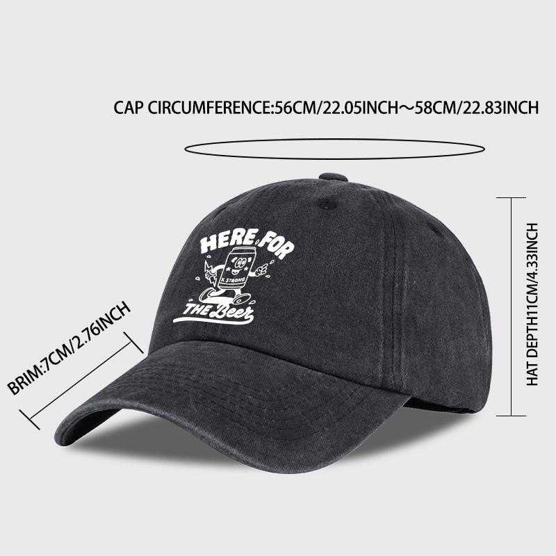 “Here For The Brew” Cartoon Can Print Washed Baseball Cap Soft, Comfortable, Lightweight, Breathable, Adjustable Fun, Casual, Hu