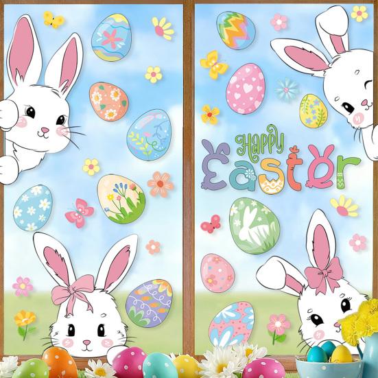 6 Sheets Easter Bunny Window Cling Removable Waterproof PVC Flower Colorful Egg Rabbit Static Glass Sticker Spring Easter Holiday Decoration Decal