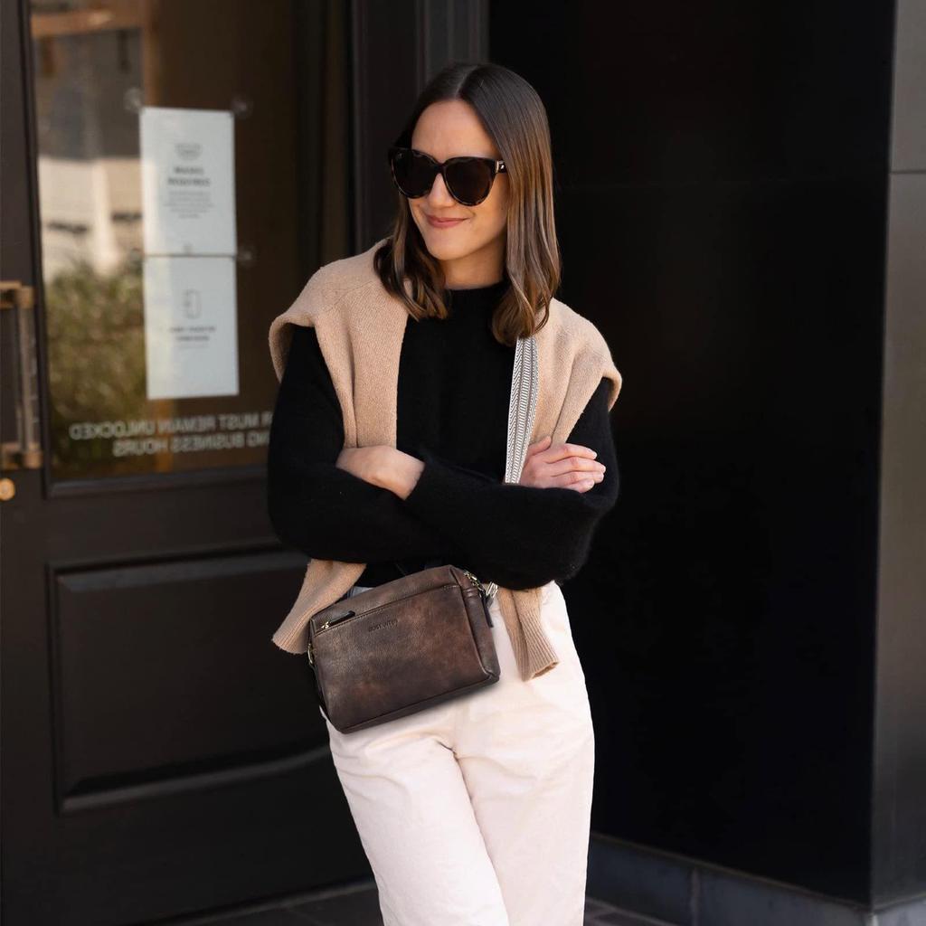 Nowa Damska Mała Skórzana Torba Crossbody z Trzema Zamkami i Kolorowym Paskiem - Torebka na Ramię na Telefon Komórkowy