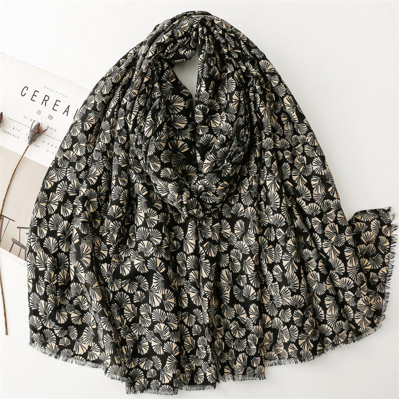 Fashion Winter Polka Ginkgo Floral Fringe Viscose Shawls Scarf Lady High Quality Print Soft Pashmina Stole Muslim Hijab 180*90Cm