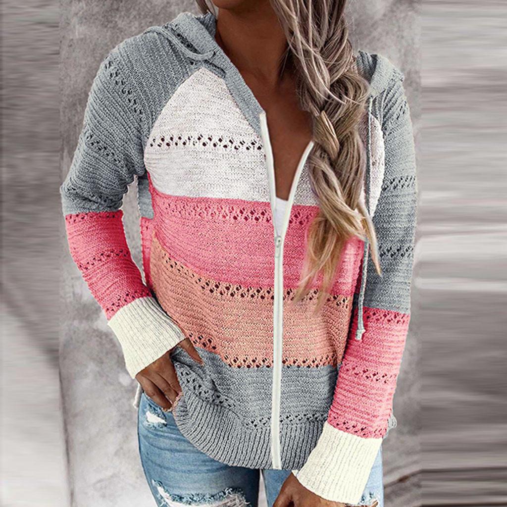 Fashion Women Casual Patchwork Long Sleeves Hooded Sweater Cardigan Blouse Tops