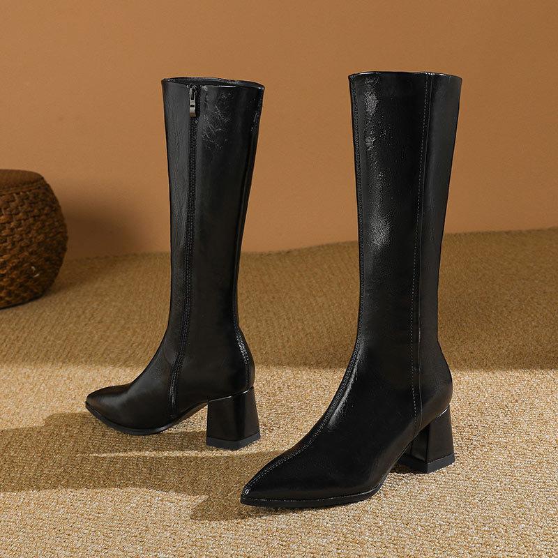 But Knee Boots Women's 2024 New Autumn and Winter High Heel Slim Long Boots Pointed Thick Heel Fashion High Leather Boots