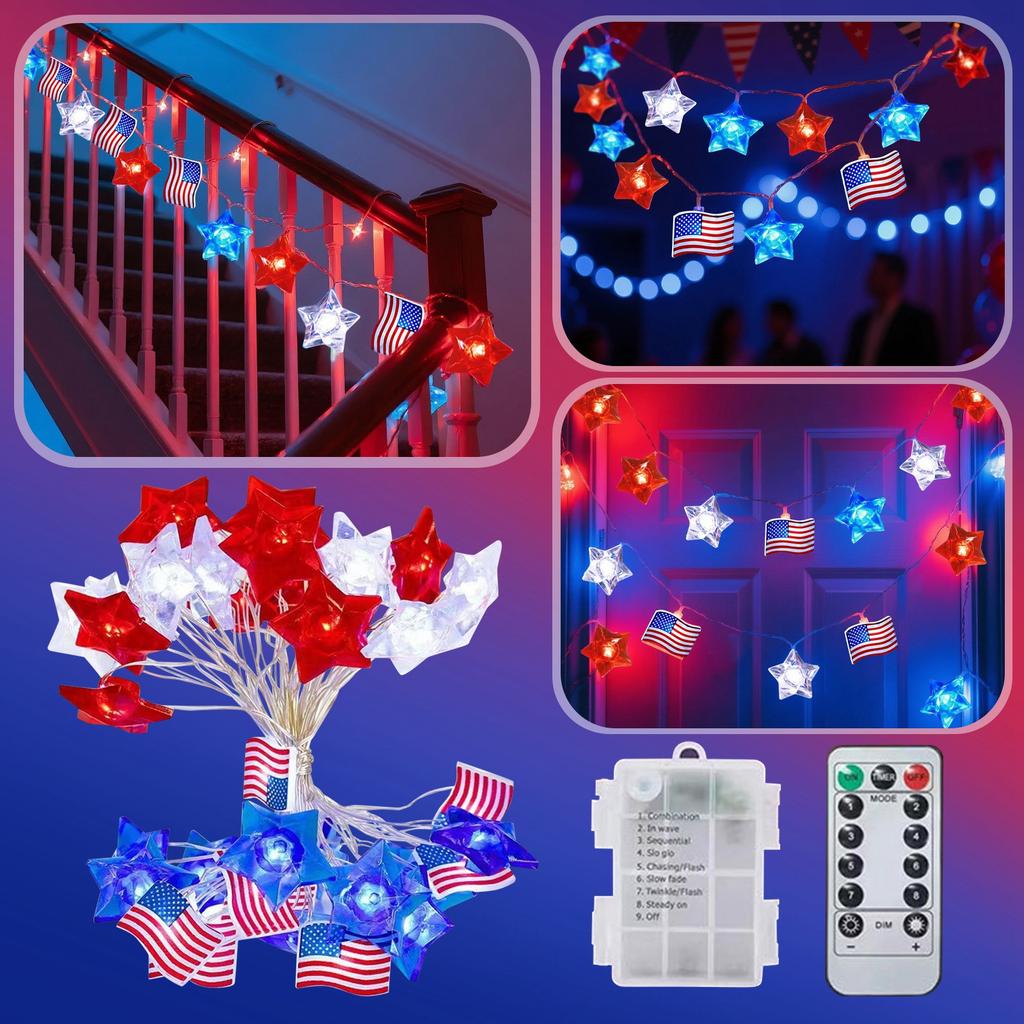 4th Of Decorative Lights Red Blue Star And Flag Lights Remote Control Timer For Independence Day Memorial Day 4th Home Decor