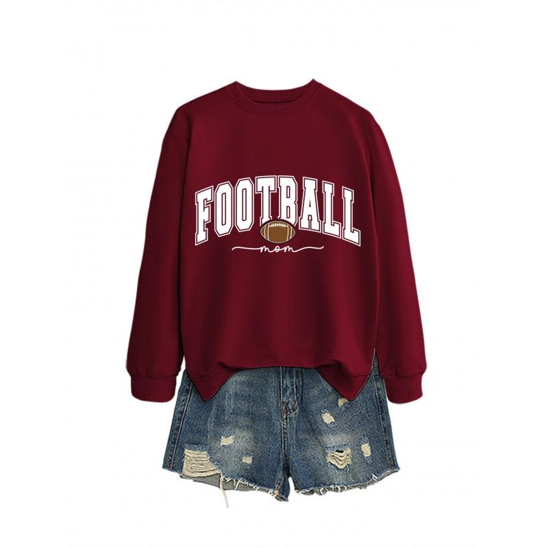 Womens Casual Round Neck Long Sleeve Cotton Sweatshirt With Football Mom Print - Loose Fit Plus Size S-XXL