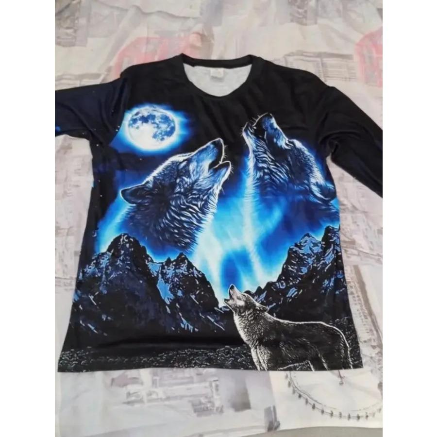 T Shirt for Mens Wolf Pattern Print Long Sleeve Leisure 3D Polyester Man's T-shirts