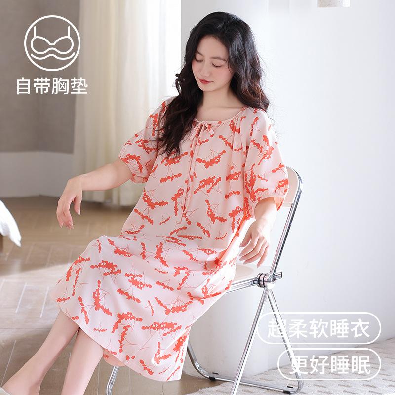 nightdress with chest pad women's summer pure cotton short-sleeved thin 1011 new summer pregnant women's advanced purple pajama skirt
