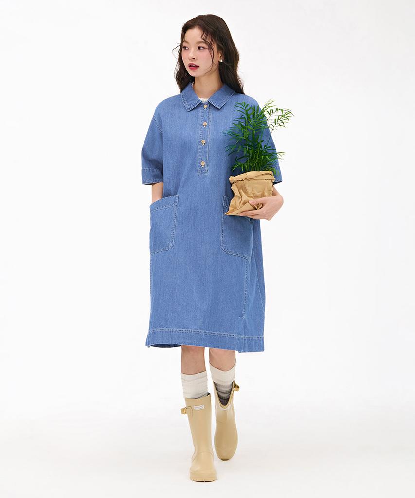 CHASECULT Women'S Denim Shirt Collar Dress - Sky Blue