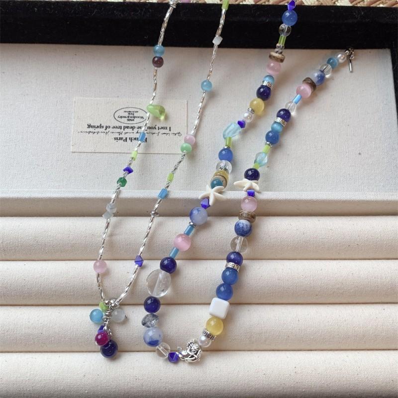 Handmade Korean Style Colorblock Cat Eye Bead Necklace Women Layered Sweet Minimalist Choker Chain