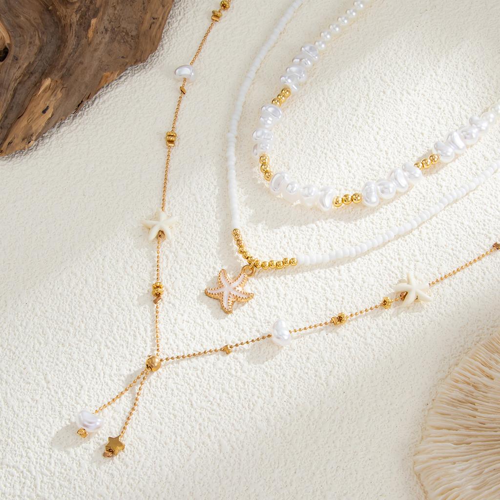 Ocean Wind Dripping Oil Starfish Conch Pendant Necklace, Temperament Baroque Imitation Pearl Collarbone Necklace