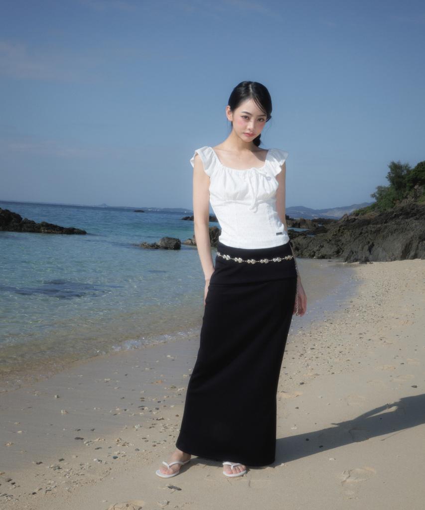 Rose Franz Folding Waist Maxi Long Skirt [Black]