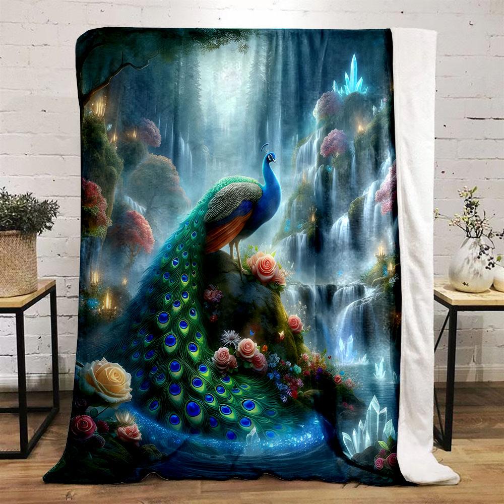 Majestic Peacock in Enchanted Waterfall Forest Patterned flannel blanket perfect for the bedroom living room, sofa, or a little nap