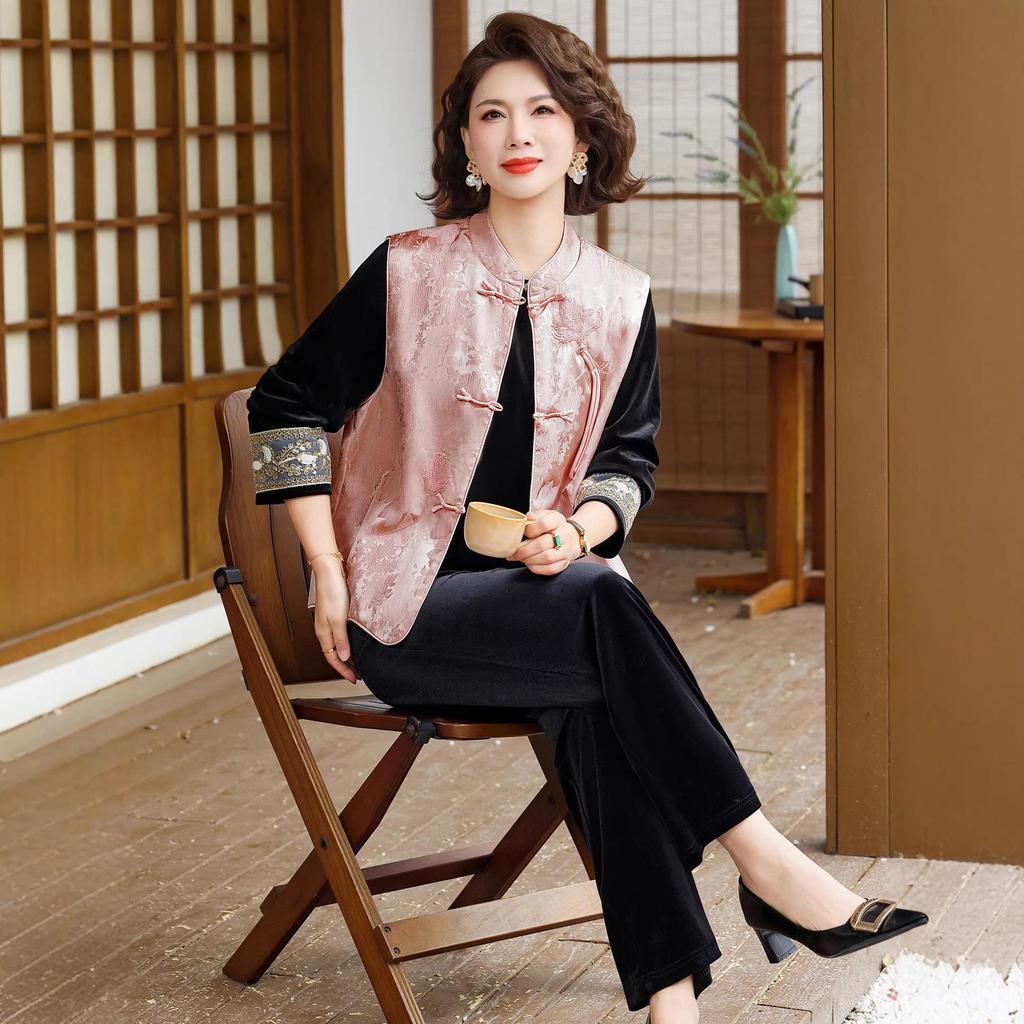 Elegant Mother's Set: Chinese-Style Spring Vest Jacket & Velvet Shirt for Middle-Aged Women