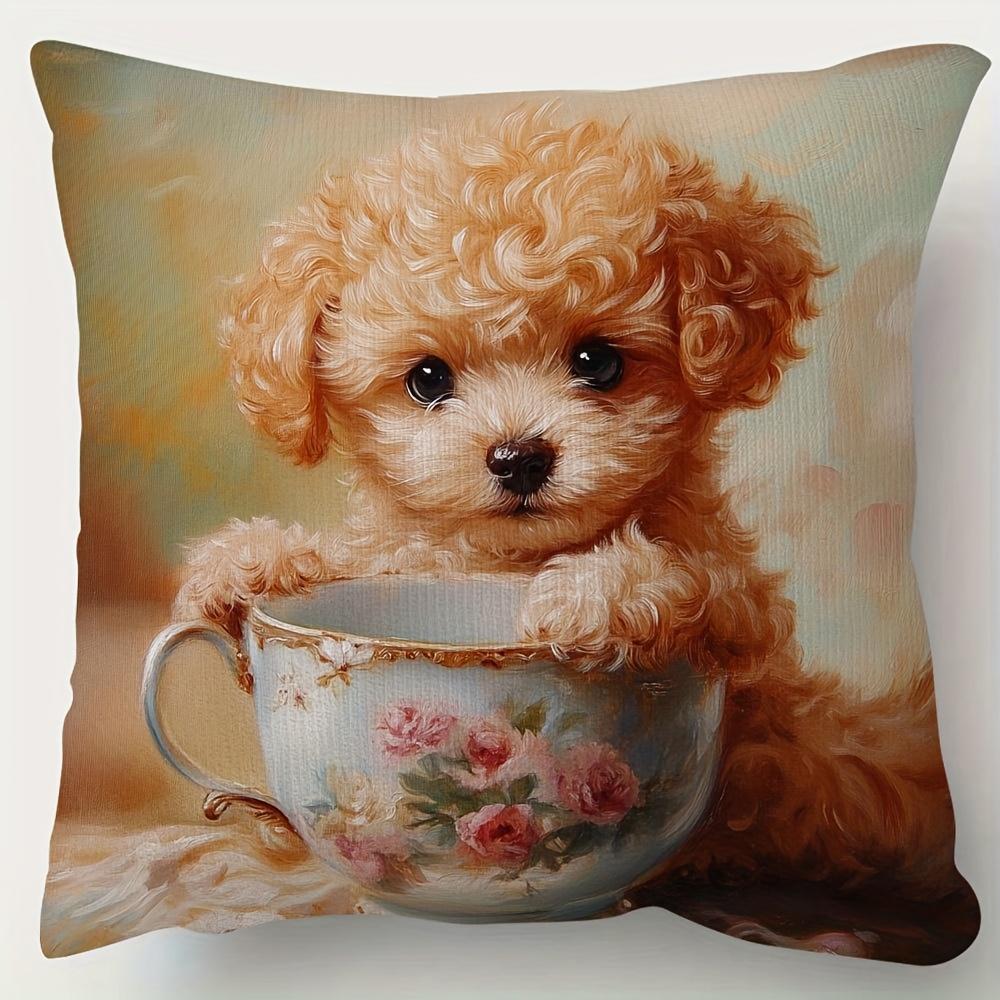 pc Charming Teacup Poodle Decorative Pillow Cover x Inch Soft Short Plush with Floral Teacup Design Zippered Ideal for