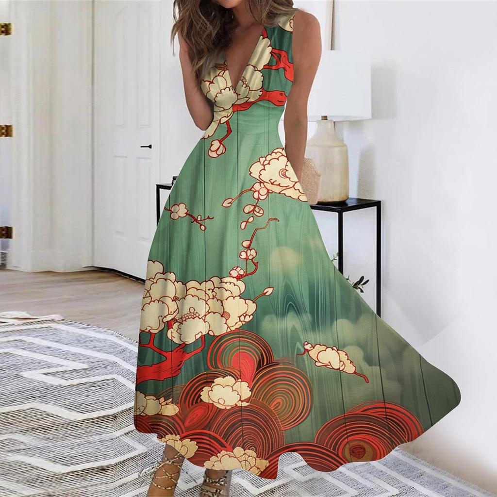 Women's Long Dress Maxi Dress Casual Dress Swing Dress A Line Dress  Fashion Streetwear Outdoor Date Print Sleeveless V Neck Dress