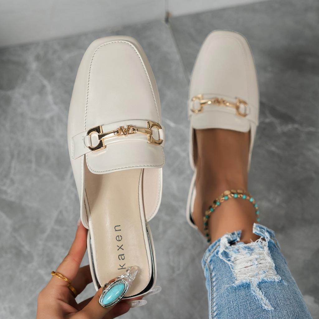 Fashion Women Slippers 2025 New Beach  Big Size Sandals Fashion Metal Lady Mules Shoes Female Designer Round Toe Slippers Slides Wome