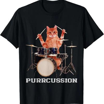 Purrcussion - Funny Cat Drummer On Drum Set Percussion Pun T-Shirt