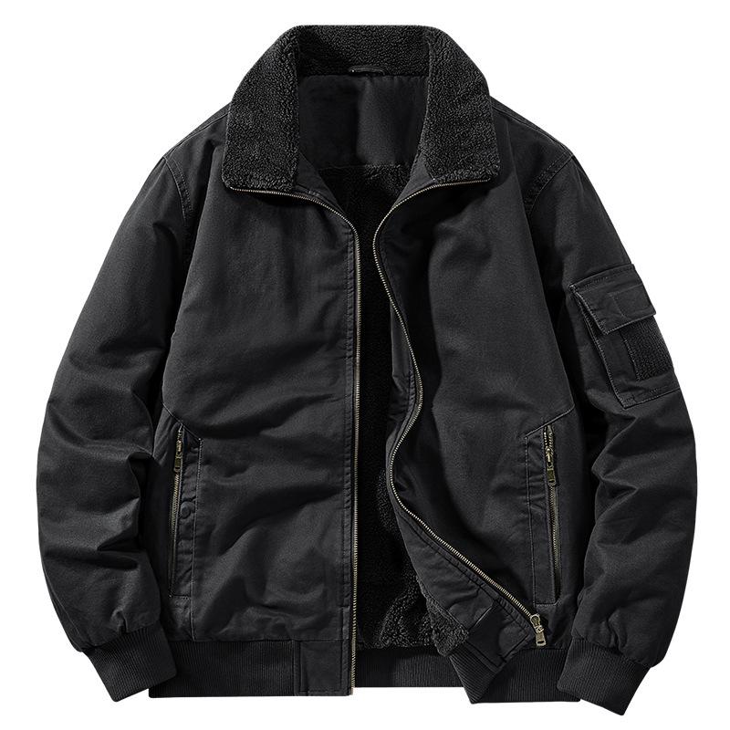 2025 Men's Double-Sided Washed Cotton Flight Jacket with Lambswool for Autumn/Winter