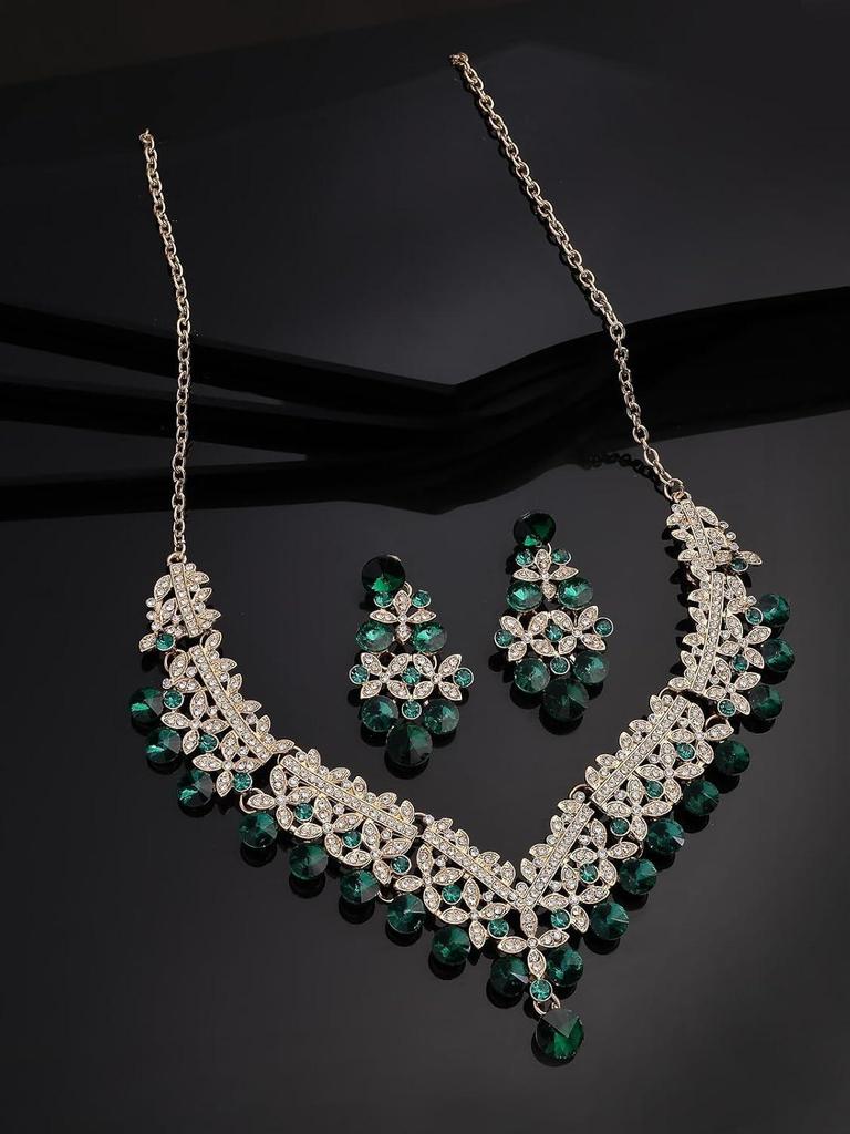 Inspiring Fashionable AD Stone Diamond Studded Gold Plated Green Choker Necklace with Dangle Earring Jewellery Set