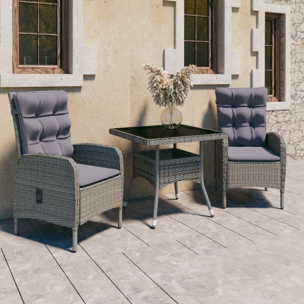 3 Piece Garden Dining Set Grey Poly Rattan and Glass