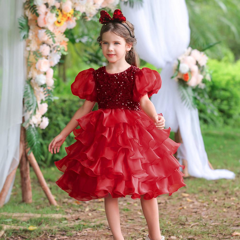 Girls Cake Tutu Dress Birthday Flower Girl Sequin Dance Performance Gown Princess Dress with Headband Breathable Mesh Formal Outfit